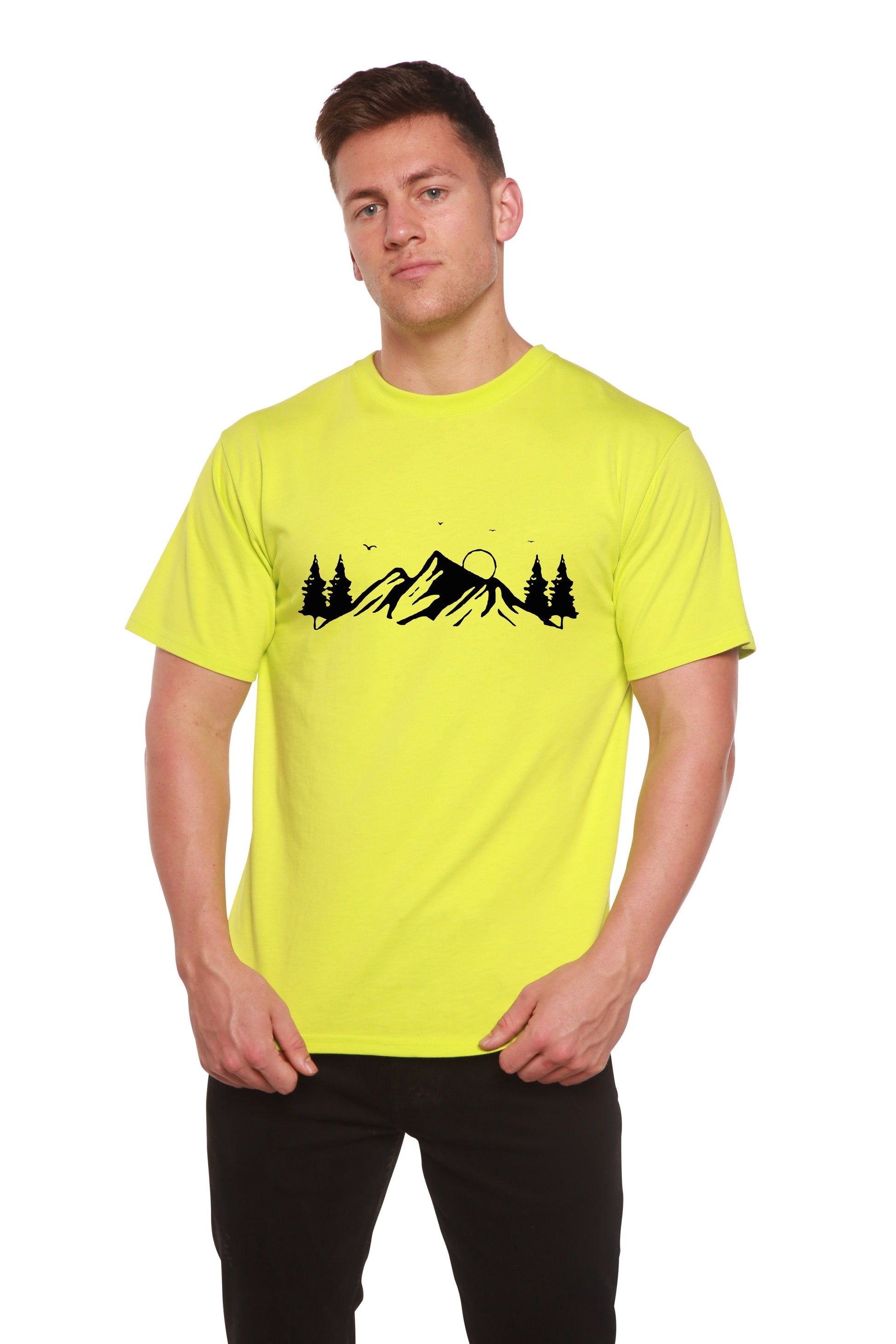 Men's Bamboo Viscose/Organic Cotton Short Sleeve T‑Shirt with Mauna Kea print in neon yellow on Tampa Home & Garden Store