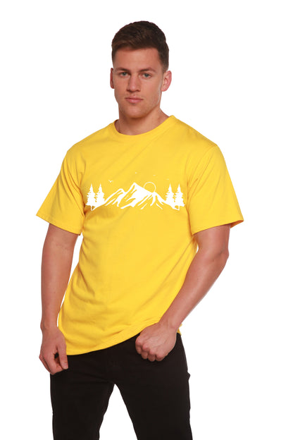 Men's printed t-shirt in bright yellow with Mauna Kea mountain graphic by Spun Bamboo on Tampa Home & Garden Store