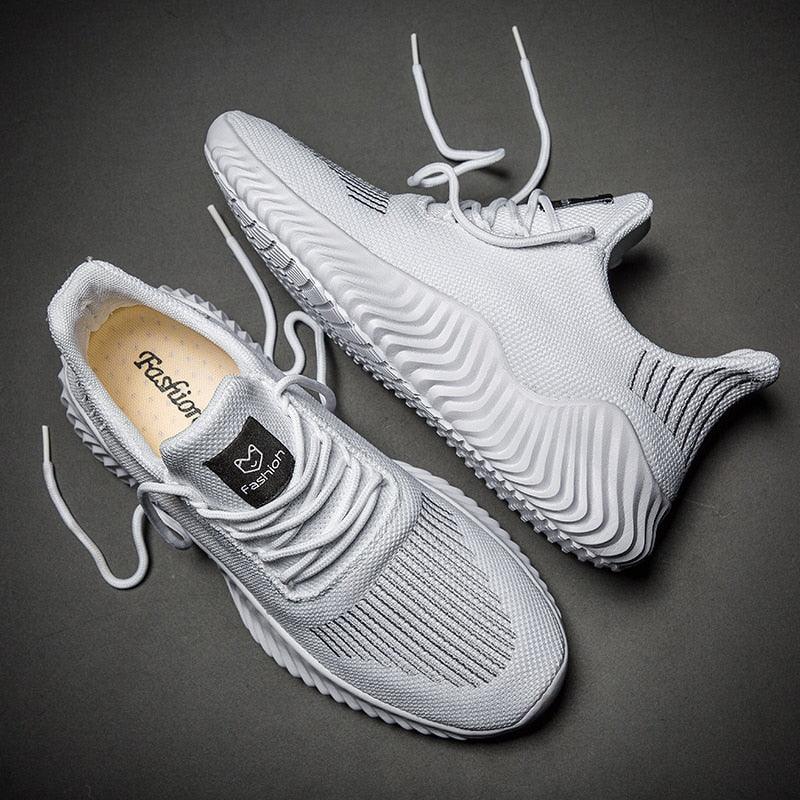 Stevvex men's breathable white sneakers with knit mesh upper and sock collar, 2 sneakers on Tampa Home & Garden Store