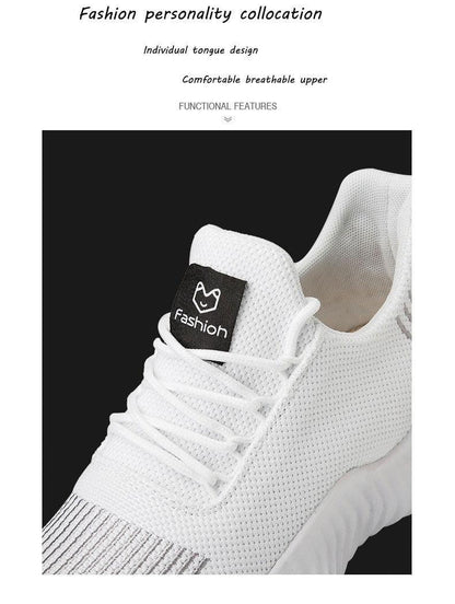 White breathable mesh sneaker with lace-up closure, knit upper, tongue patch reads fashion on Tampa Home & Garden Store