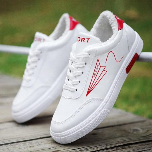 Stevvex men's white casual sneakers with red graphic stripe and lightweight comfort on Tampa Home & Garden Store