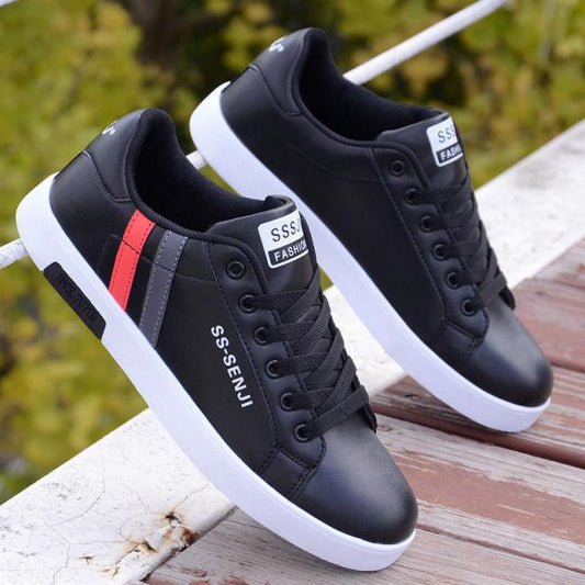 Mens casual sneakers Stevvex black lace-up with white sole and red-gray side stripes pair on Tampa Home & Garden Store