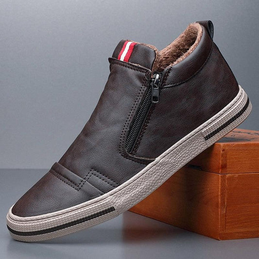 Stevvex mens winter ankle boots leather lined interior, side zipper, brown anti-slip sole on Tampa Home & Garden Store