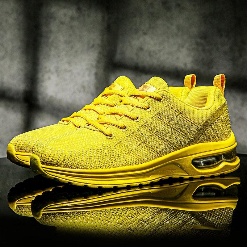 Men's Stevvex yellow breathable running sneakers with air cushion sole and knit upper on Tampa Home & Garden Store
