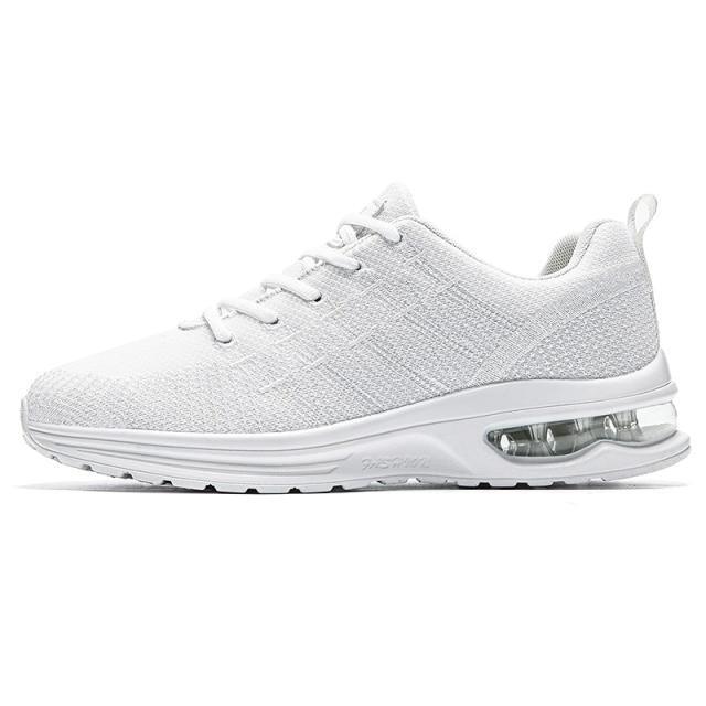 Stevvex mens white breathable knit running sneakers with air cushion sole on Tampa Home & Garden Store