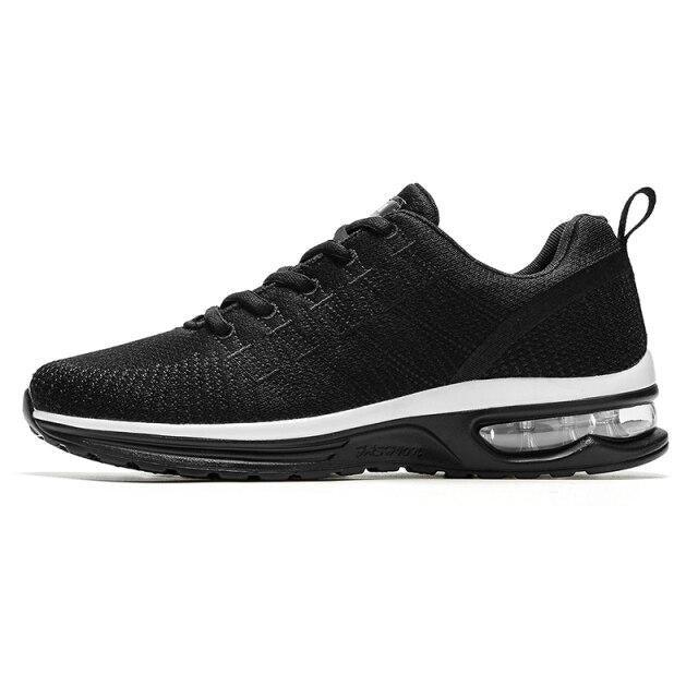 Mens Stevvex breathable black mesh running sneakers with air cushion sole and white midsole on Tampa Home & Garden Store