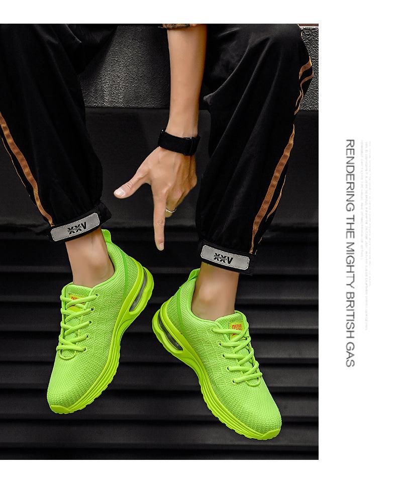 Mens Stevvex neon green breathable running sneakers with air cushion sole on Tampa Home & Garden Store