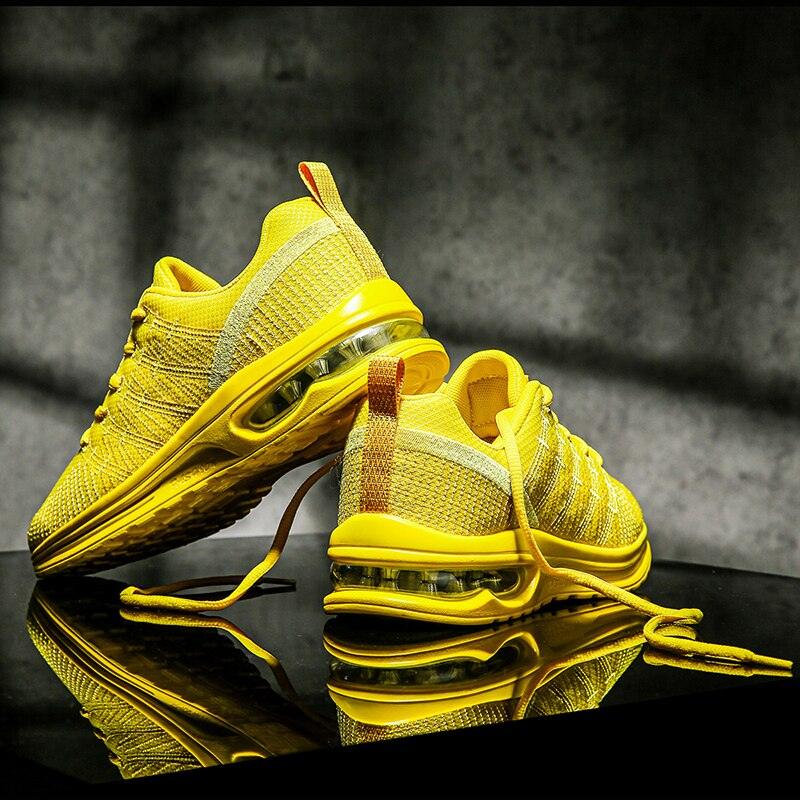 Stevvex pair of men's yellow breathable sneakers with knit upper and visible air-cushion sole on Tampa Home & Garden Store
