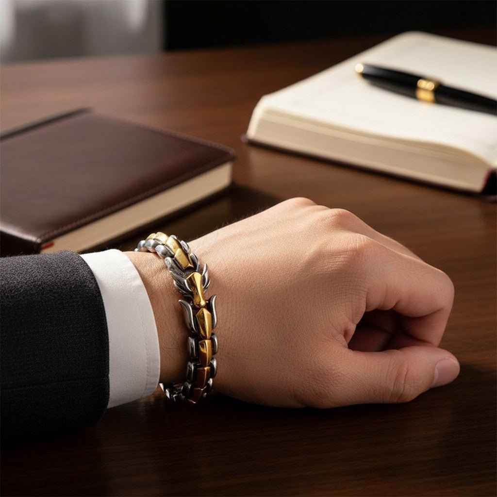 Mens dragon scale bracelet alloy metal two-tone gold and silver dragon link bangle on Tampa Home & Garden Store