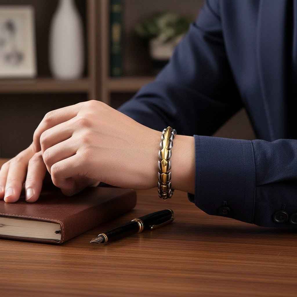 Men's dragon scale bracelet alloy metal two-tone gold and gunmetal wrist bangle on Tampa Home & Garden Store