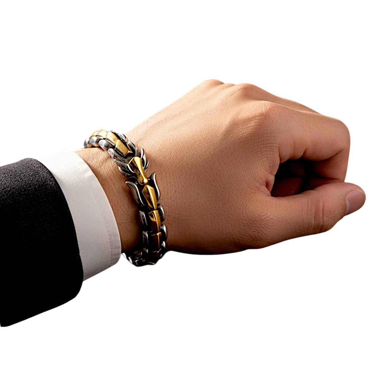 Mens Dragon Scale Bracelet alloy metal with gold and silver tones worn on wrist on Tampa Home & Garden Store