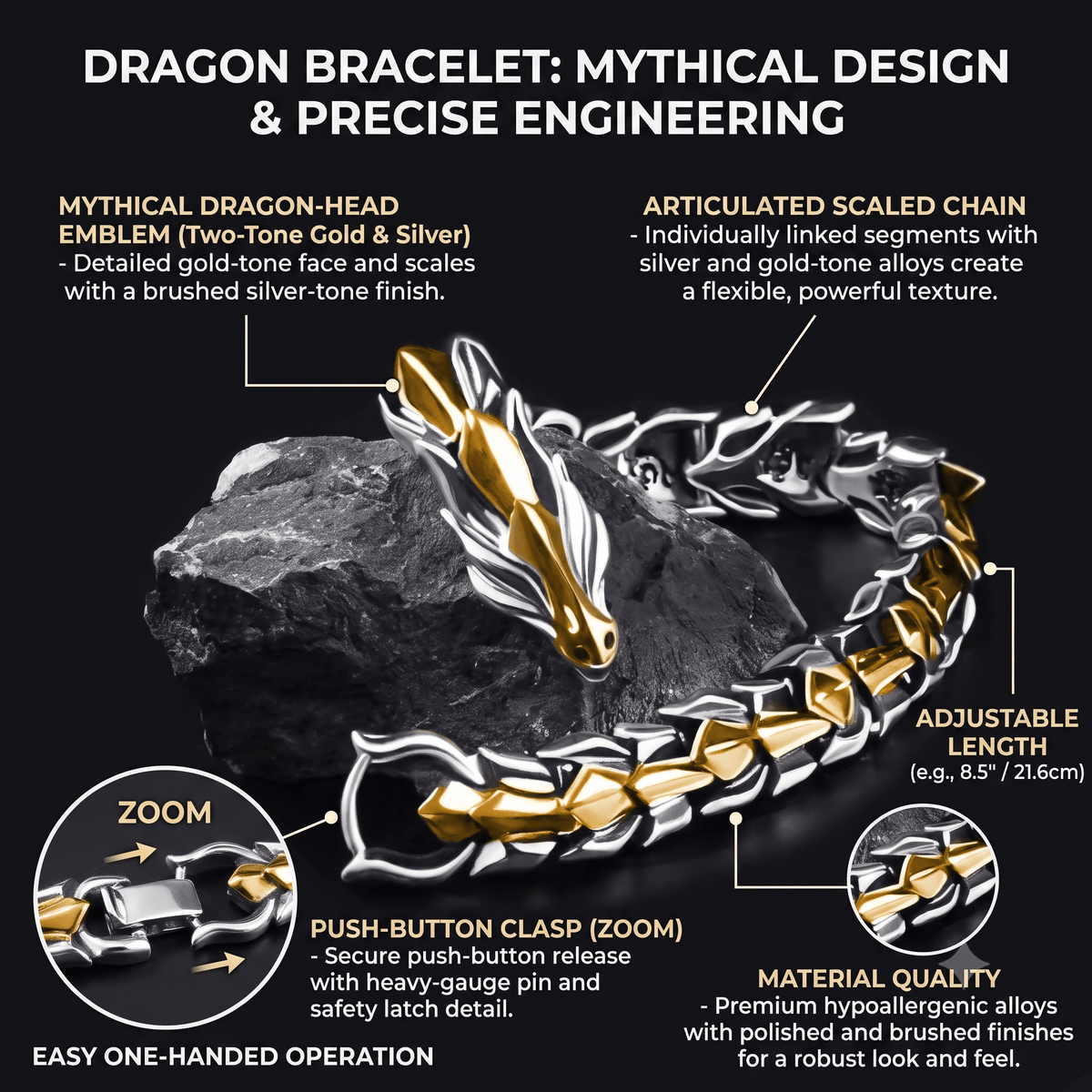 Mens Dragon Bracelet by Shaketea, alloy metal gold and silver dragon scale, adjustable length on Tampa Home & Garden Store