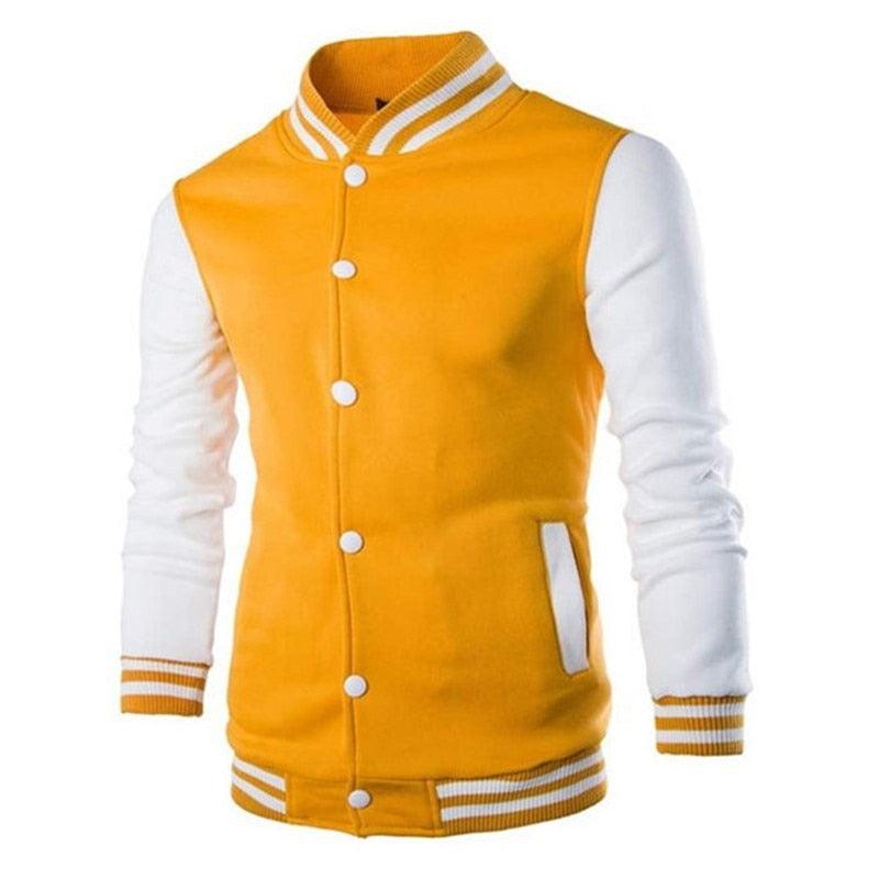Men's varsity jacket yellow body white sleeves, snap front, striped cuffs and collar on Tampa Home & Garden Store
