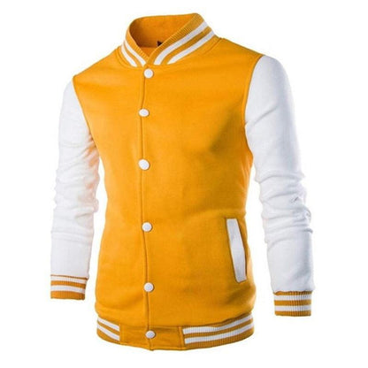 Men's varsity jacket yellow body white sleeves, snap front, striped cuffs and collar on Tampa Home & Garden Store