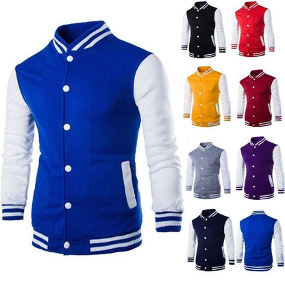Mens varsity jacket blue with white sleeves; button front, striped cuffs; Stevvex brand on Tampa Home & Garden Store