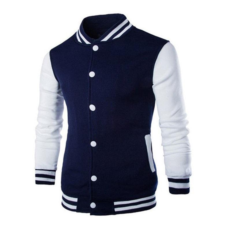 Stevvex men's varsity jacket navy body with white sleeves, striped collar and cuffs, snap front on Tampa Home & Garden Store