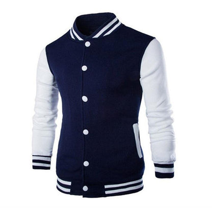 Stevvex men's varsity jacket navy body with white sleeves, striped collar and cuffs, snap front on Tampa Home & Garden Store