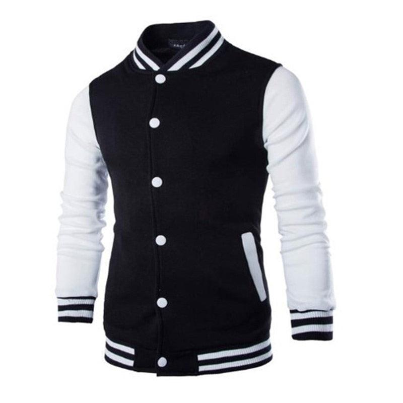 Stevvex men's varsity jacket black body white sleeves striped collar cuffs varsity style on Tampa Home & Garden Store