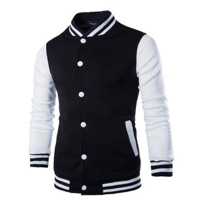 Stevvex men's varsity jacket black body white sleeves striped collar cuffs varsity style on Tampa Home & Garden Store