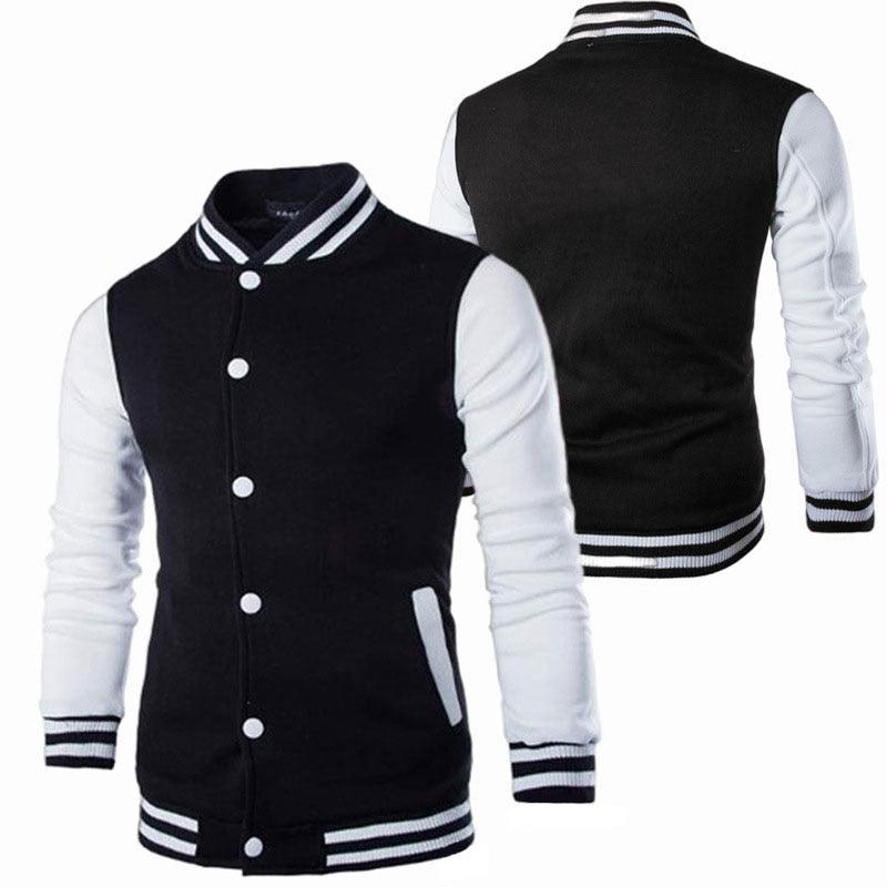 Stevvex men's varsity jacket black body white sleeves striped collar cuffs button front pockets on Tampa Home & Garden Store