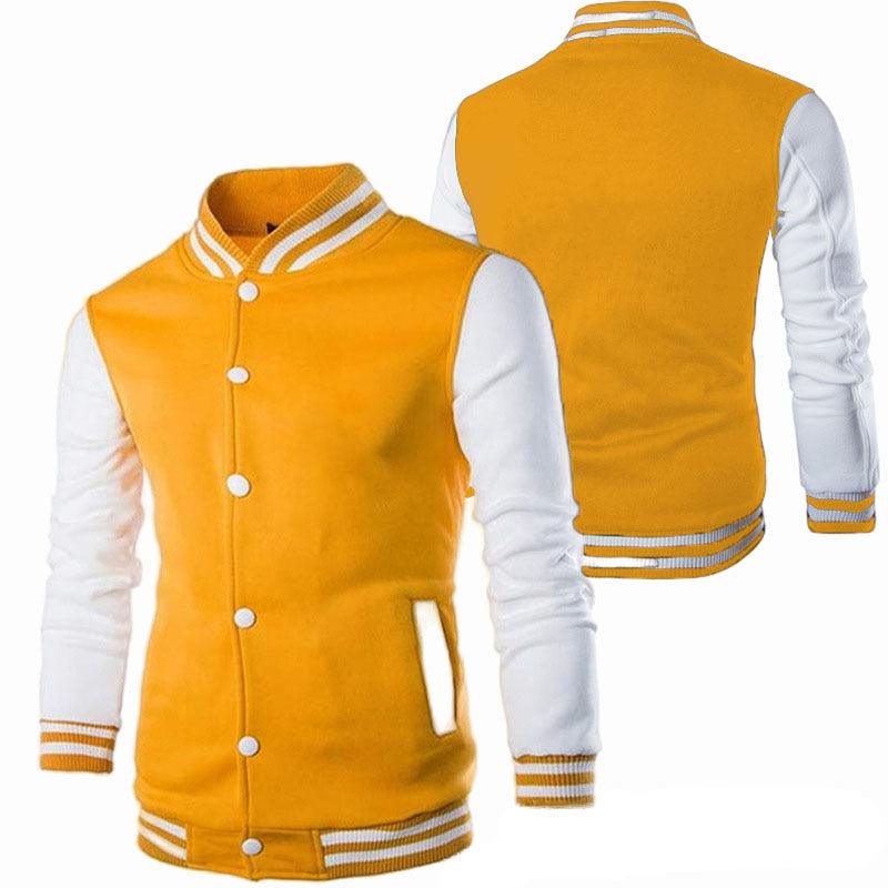 Mens varsity jacket in orange with white sleeves, striped collar, cuffs, button closure on Tampa Home & Garden Store
