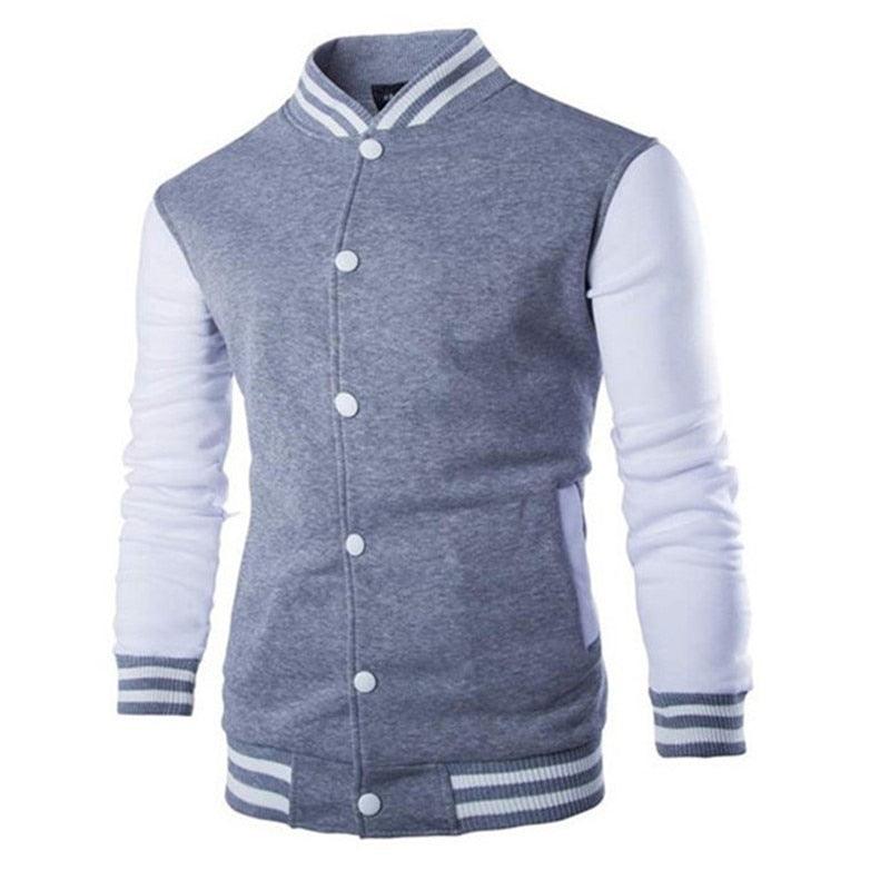 Stevvex men's varsity jacket blue body white sleeves button front striped cuffs hem on Tampa Home & Garden Store