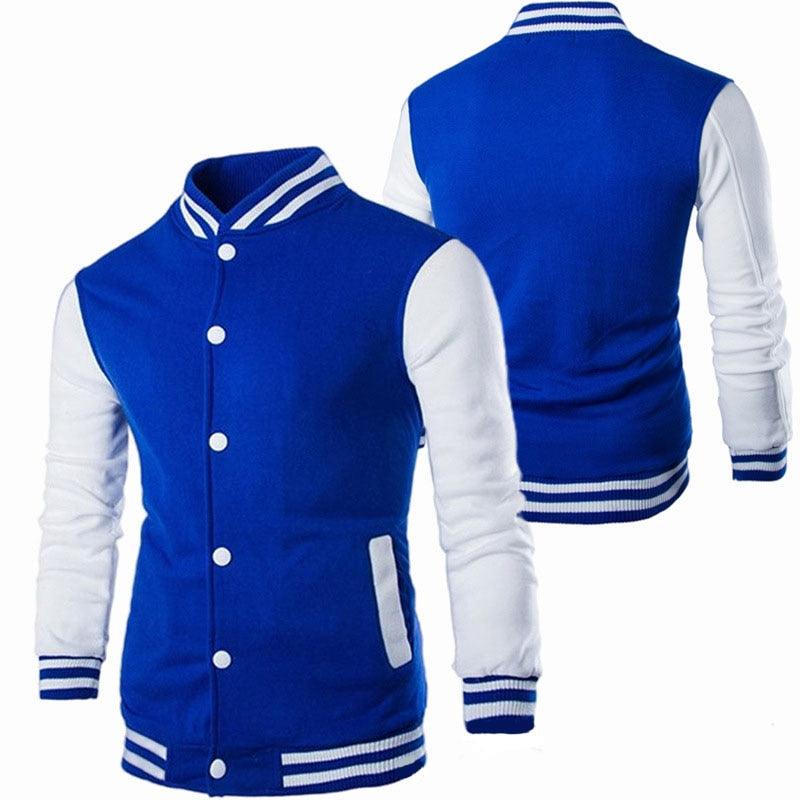 Men's varsity jacket in royal blue with white sleeves and striped cuffs, snap front on Tampa Home & Garden Store