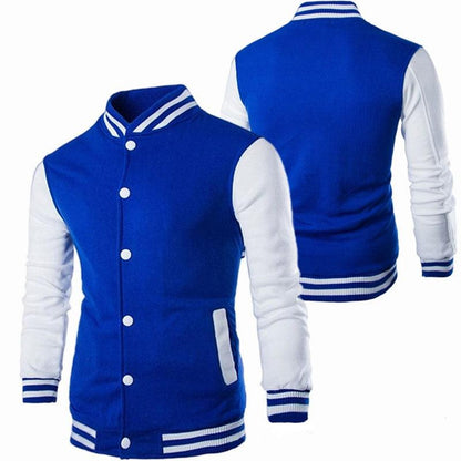 Men's varsity jacket in royal blue with white sleeves and striped cuffs, snap front on Tampa Home & Garden Store