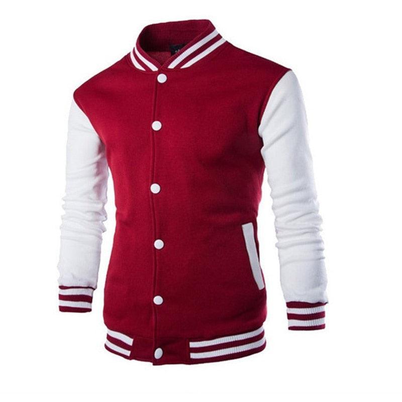 Stevvex men's varsity jacket red body white sleeves striped cuffs collar white buttons on Tampa Home & Garden Store