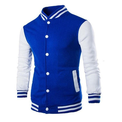 Stevvex men's varsity jacket blue body white sleeves striped collar and cuffs button front on Tampa Home & Garden Store