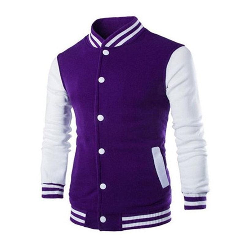 Stevvex varsity jacket purple body white sleeves, men's casual baseball style on Tampa Home & Garden Store
