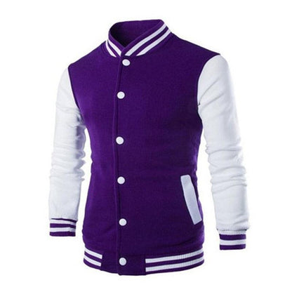 Stevvex varsity jacket purple body white sleeves, men's casual baseball style on Tampa Home & Garden Store