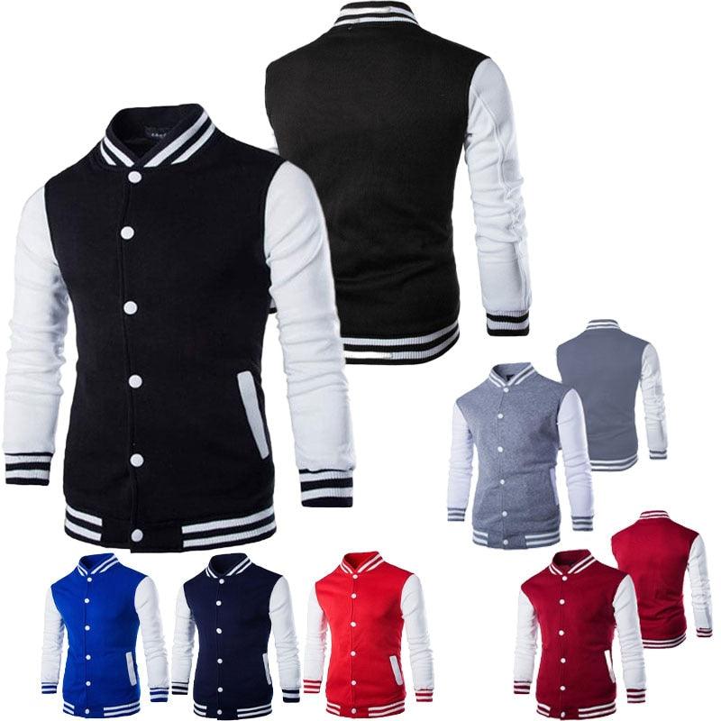 Stevvex mens varsity jacket in black/white with white sleeves, striped cuffs blue option on Tampa Home & Garden Store
