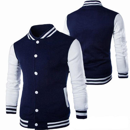 Stevvex men's varsity jacket navy body white sleeves striped collar cuffs front snap buttons on Tampa Home & Garden Store