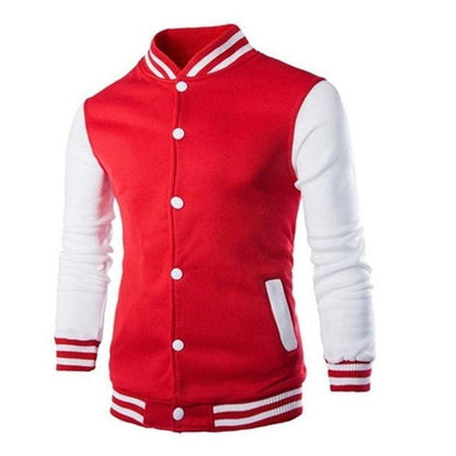 Mens varsity jacket Stevvex red body white sleeves striped collar cuffs hem white pocket trim on Tampa Home & Garden Store