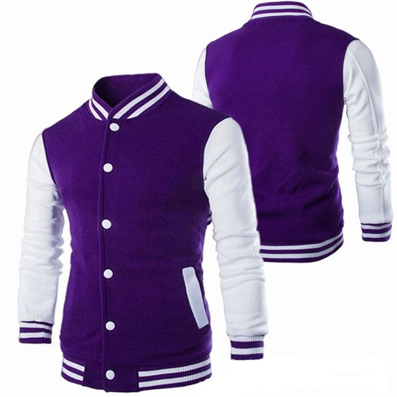 Stevvex purple varsity jacket with white sleeves, striped cuffs, front snap buttons on Tampa Home & Garden Store