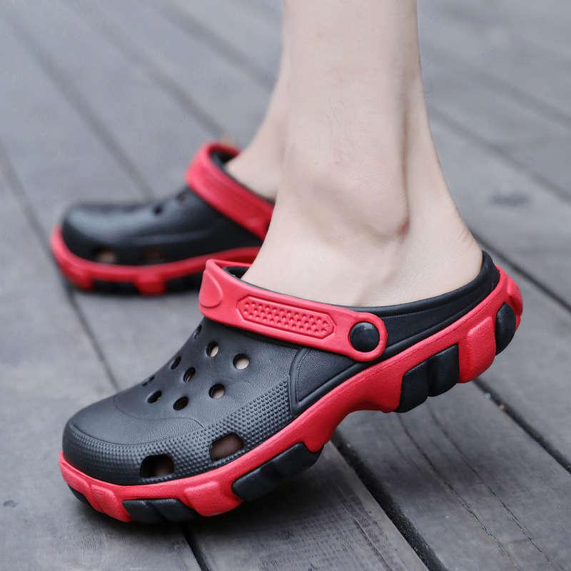 Stevvex men's slip-on clogs pair in black with red sole and strap, breathable upper on Tampa Home & Garden Store