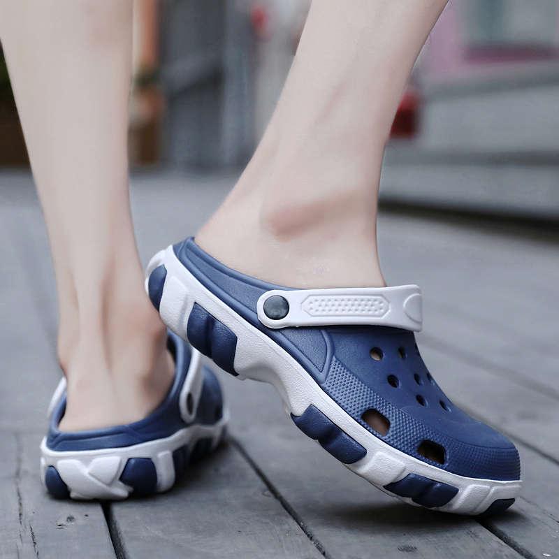 Stevvex men's blue and white slip-on clogs with ventilation holes and adjustable strap on Tampa Home & Garden Store