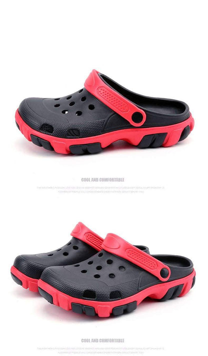 Stevvex men's slip-on clogs black with red outsole and strap, perforations for breathability on Tampa Home & Garden Store