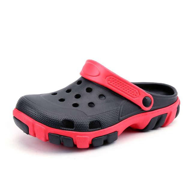 Stevvex men's slip-on clog with red sole and strap, gray perforated upper on Tampa Home & Garden Store