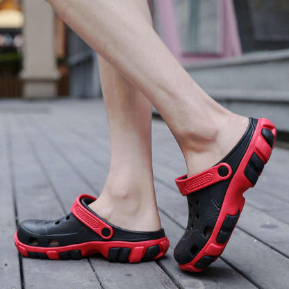 Men's black and red Stevvex slip-on flip flops with strap lightweight outdoor clogs on Tampa Home & Garden Store