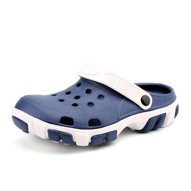 Stevvex men's blue slip-on clogs with white strap, perforated upper and rugged sole on Tampa Home & Garden Store