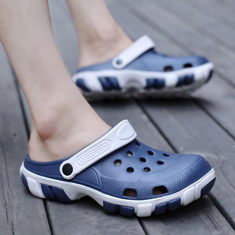 Stevvex men's blue slip-on sandals with white strap and ventilation holes, lightweight indoor outdoor slippers 2 shown on Tampa Home & Garden Store