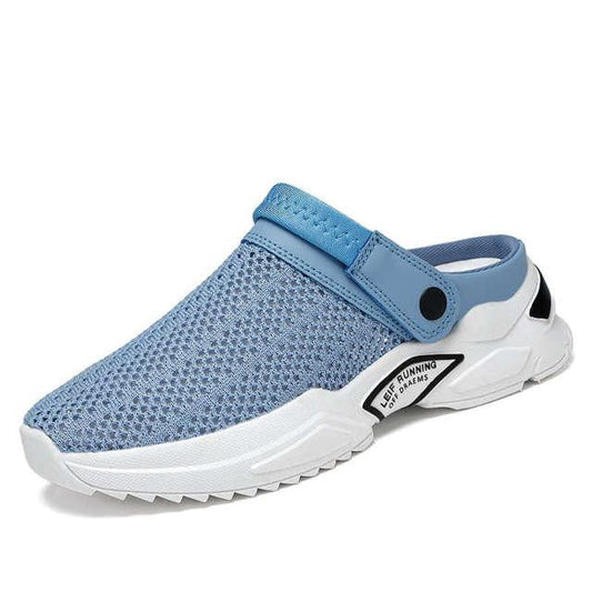 Stevvex men's blue mesh slip-on sandal with back strap and arch support, chunky white sole on Tampa Home & Garden Store