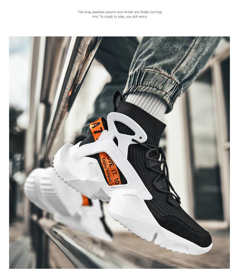 Mens high-top sneakers Stevvex black knit upper with white chunky sole and orange pull tab on Tampa Home & Garden Store