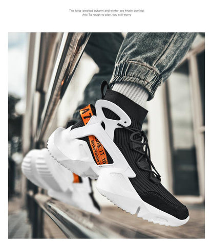 Mens high-top sneakers Stevvex black knit upper with white chunky sole and orange pull tab on Tampa Home & Garden Store