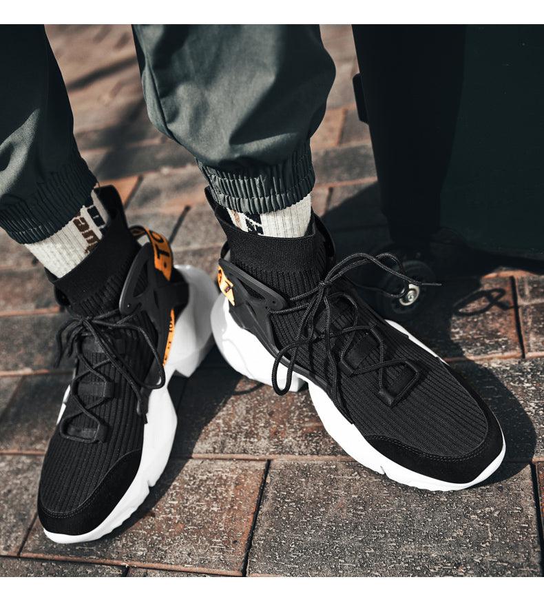 Mens high-top Stevvex sneakers with black knit mesh upper, lace-up, white chunky sole pair on Tampa Home & Garden Store