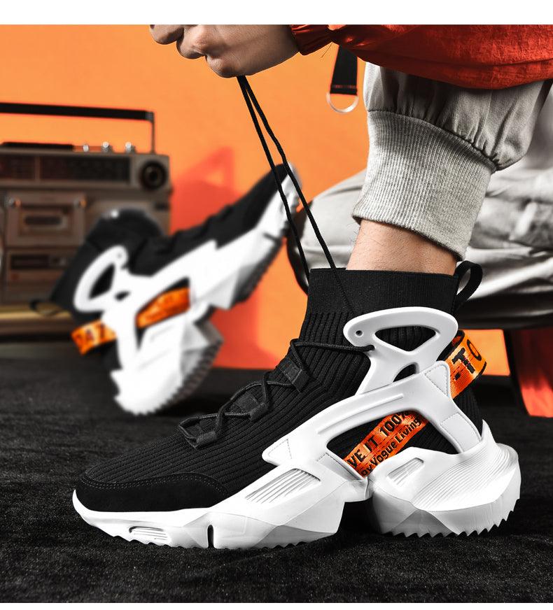 Stevvex men's high top mesh sneakers black white with orange accents casual walking shoes on Tampa Home & Garden Store