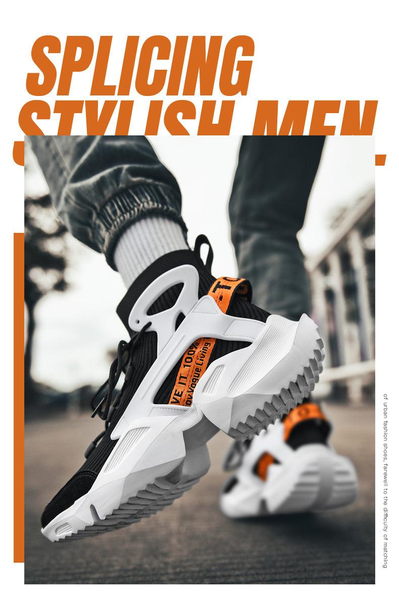 Stevvex mens high-top sneakers in black and white mesh with orange tabs; non-slip sole on Tampa Home & Garden Store