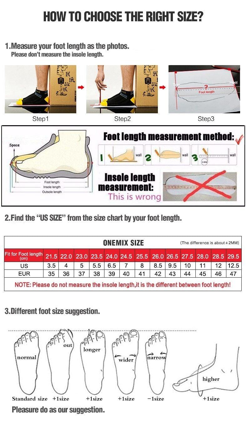 Stevvex men's lightweight running sneakers size guide with footlength steps and US/EU chart on Tampa Home & Garden Store